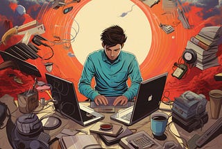 An illustration of a person working hard at their desk with numerous devices, books, papers, cups of coffee surrounding them