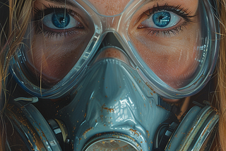 a close-up of a person wearing a gas mask. The eyes are particularly striking, with a vivid blue color that stands out against the somewhat obscured features of the face. The mask itself seems to be well-used, with some signs of wear and maybe a bit of grime or rust at the edges, indicating that it may have been used in a rough or possibly a post-apocalyptic setting. This type of image could be seen as a representation of protection, resilience, or the necessity of self-care before helping other