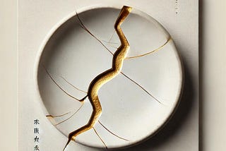 Japanese Art of reusing a cracked pottery or plate joined together filling the gap with golden color represents rebuilding humans with self development