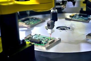 A production line manufacturing electronics.