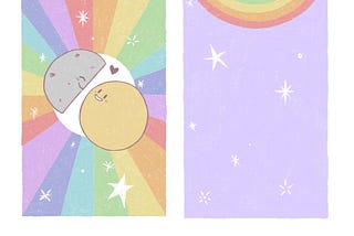 A hong bao design showing the front and back. The front features a rainbow that radiates out from the centre, with a sun and moon smiling happily at each other in the middle. The back of the hong bao is pastel purple with a rainbow flap and small white stars scattered over it.