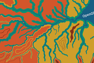 Illustration of several rivers flowing towards a larger river and its delta. The rivers are represented in blue, with green, yellow and red banks, and on an orange and yellow background.