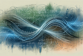 A visually engaging image with intertwining pathways representing the Brownian Bridge concept in a mathematical context. These are overlaid with faint mathematical formulas, particularly those representing covariance and stochastic processes. The theme blends abstract art with mathematical imagery, using a palette of cool blues and greens to evoke a sense of calculation and precision. The image is designed to be visually appealing and conceptually relevant to the topic of Brownian Bridges.