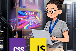 Cartoon einer Frau mit Brille und Laptop im Serverraum vor einem Gerät aus dem bunte Farbstreifen herauskommen, im Vordergrund die Logos von CSS und JS.