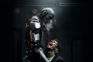 Standing in the rain, a robot cradles a human who knells and is screaming in distress as the robot holds them with either care or malice, apparently the robot in control. It is fraught and tense but also some care or regard seems to be happening between them as their fates are bound together.