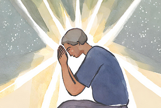 A man prays for strength and wisdom. A light shines over him, and a constellation of stars twinkle in the distant above him.