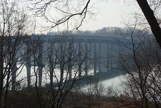 winter photo of Severn River bridge through the leafless trees, with it’s reflection on the water