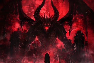 A lone human warrior holding a sword faces a huge demon in a Hell like ladscape dominated by deep red hues. The landscape has plenty of derelict buildings and the demon has multiple horns and very large claws, and appears to be smirking.
