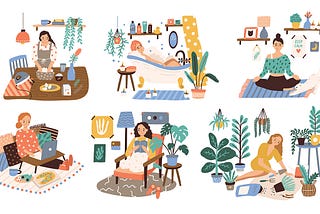 A woman engages in lots of daily activities — cooking, bathing, resting, reading, and gardening.