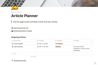 Article Planner template: Notion