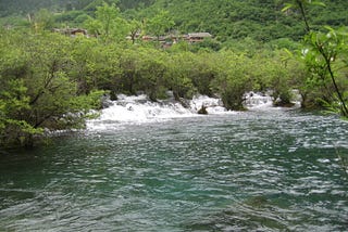 White water rapids in the center flow into a turquoise lake surrounded by thick green trees. Behind the trees in the distance, the top parts of colorful Tibetan buildings and flags peak through.