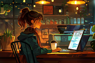 Midjourney prompt — a 30 year old woman working in a coffee shop. warm and cozy vibes. soft lighting. a realistic cartoon. — ar 16:9