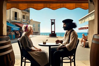 An old french woman and a younger Tamil man sit at a small round table outside a cafe on some seaside French town. There is a glass of alcohol in front of the woman. The sea and the beach are visible in the background. A hazy image of a guillotine stands on the beach.