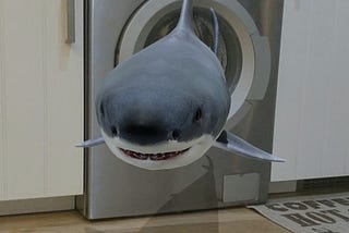 Great White Shark swimming out of the washing machine via augmented reality