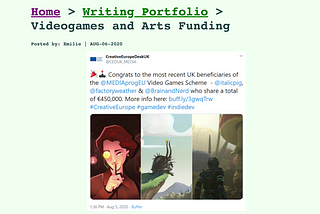 A screenshot of the top of the article by Emilie Reed at https://emreed.net/VGArtsFunding.html