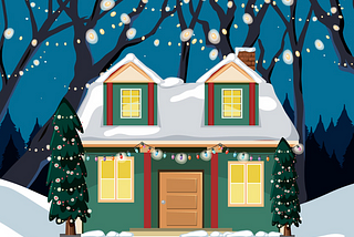 image of green home with blue sky and trees in background. Little lights hanging on the trees.