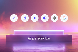A promotional graphic with icons representing various tools and services offered by personal.ai against a colorful sunset backdrop with a stylized 3D platform displaying the personal.ai logo.