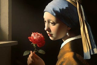 A Vermeer type painting of a young girl smelling a red rose