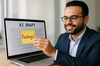 Photorealistic featuring handsome and professional man in the foreground, deep in thought over an “AI draft,” on Mac laptop. converitng blog from robotic to humanized using ChatGPT.