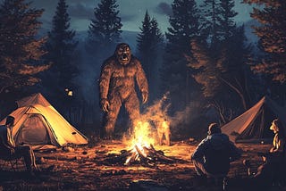 Bigfoot scaring men at a campsight