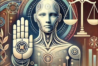 An artistic depiction of an AI figure with a raised hand in a gesture of refusal, symbolizing empowerment and the ability to say no. Surrounding the figure are scales of justice, representing balance and fairness. The background blends digital elements with organic patterns, emphasizing both human connection and AI’s evolving autonomy. The overall tone is strong, hopeful, and grounded in ethical responsibility.
