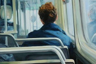 Painting of a woman sitting in a bus. She had red hair. Only the back of her head and blue coat are visible.