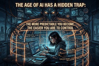 A futuristic illustration of AI turning human habits, routines, and identity into a digital cage, showing how predictable behavior becomes profitable and easier to control.