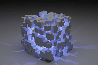 several white cubes forming a bigger cube while being illuminated by a purple light