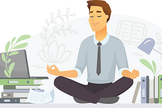 Image of a meditating young man with a laptop and some notes next to him.