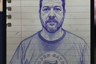 Screencap of an AI rendering that converted a digital photo of the author into a mimicry of a hand-drawn pencil sketch as though it were rendered on a piece of torn-out notebook paper. It’s just a screencap, because I don’t want to encourage the algorithm.