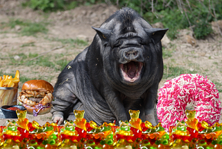 A black pig surrounded by junk food