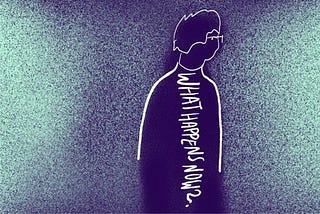 A light blue and dark blue gradient with a sketch of profile of a person. Inside the person is written “What happens now?”