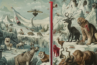 Bopsch-ian hellscape of nightmare animals in the arcticlooking at a thermometer that is maxed out.