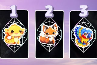 Tarot pick a card piles: pile 1 — axolotl, pile 2 — fox, and pile 3 — parrot