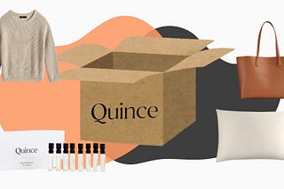 A box of Quince items with a fisherman sweater, a brown leather tote bag, a perfume sampler set, and a silk pillowcase.