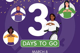 International Women’s Day image featuring 4 women on a purple background. Image says ‘3 days to go’