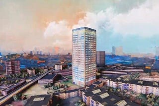 Image from the Artists for Grenfell website (possibly watercolour), of the area, pre-tragedy, with the tower in the centre.