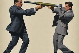 Two men in suits, wrestling over a bazooka