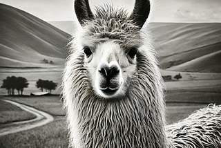Black and white AI generated image of a llama with fields and hills as a backdrop