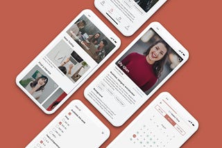 Five mobile screens with pictures of an app: home page, profile pages, search filters, and a calendar. All lay diagonally on a brown-red background.