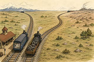 Two trains on railroad tracks that begin together but slowly diverge into different directions, symbolizing documentation drifting away from code.
