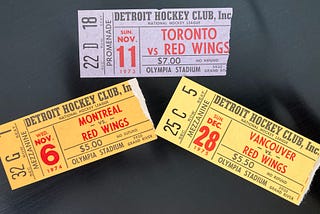 Three different ticket stubs for Detroit Red Wing hockey games in the 1970s