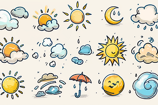 A collection of colorful weather icons, featuring rain, clouds, wind, and sunshine, drawn in comic style.