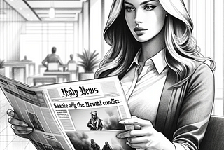 A black and white pencil sketch of a professionally dressed and attractive woman reading a newspaper featuring an article on the current Houthi conflict. She is seated in a modern, well-lit room with a focused expression, surrounded by subtle details of a contemporary office setting.