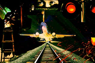 a collage created by author. Train tracks, a plane taking off, eyes in a rearview mirror.