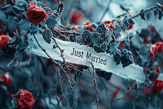 A “Just Married” streaming banner, with a rugged texture on frayed silk, is tangled in thorny rose branches. Bleak, unsettling, overcast natural lighting, desaturated hues with bold crimson accents.