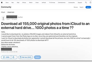 Apple Discussion Forum post asking how to export thousands of photos from iCloud
