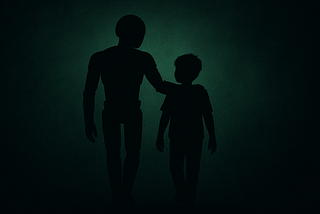 A silhouette of a robot walking beside a child with its arm over their shoulder, both framed in green hues against a bleak, digital horizon.