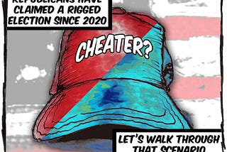 A cartoon drawing of a half red, half blue hat in front of an American flag. The caption reads, “Republicans have claimed a rigged election since 2020. Let’s walk through that scenario.”
