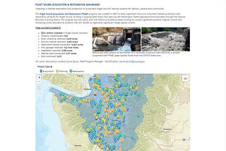 A screenshot of the new PSAR Dashboard, showing the main screen of the dashboard, a map of the PSAR projects in the Puget Sound Region, and a table for sorting data about the projects.